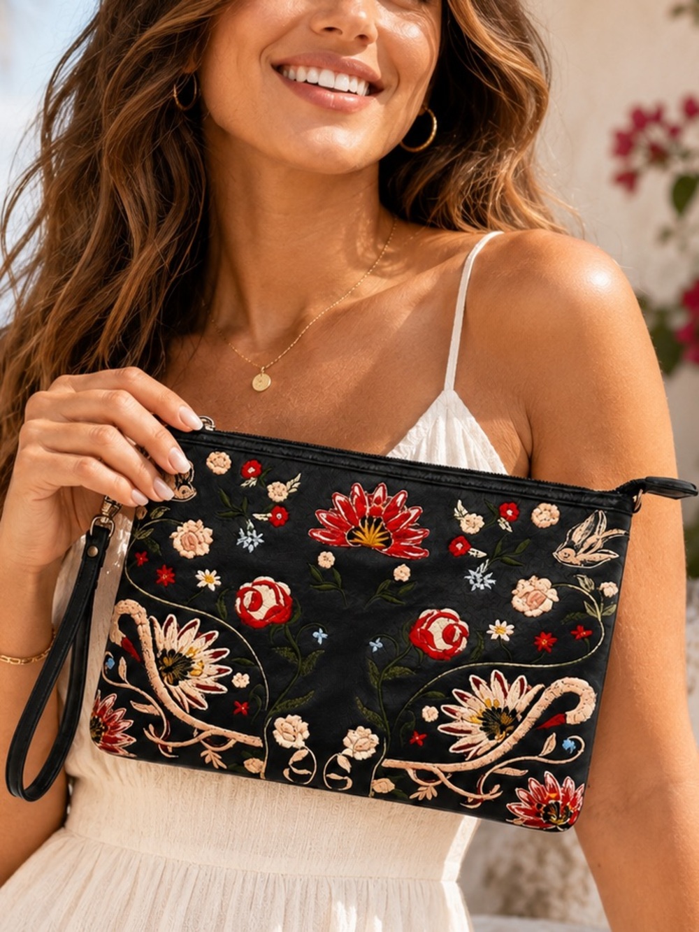Pimkie Embroidered Floral Wristlet Clutch Black Boho Zip Pouch 🖤🌺